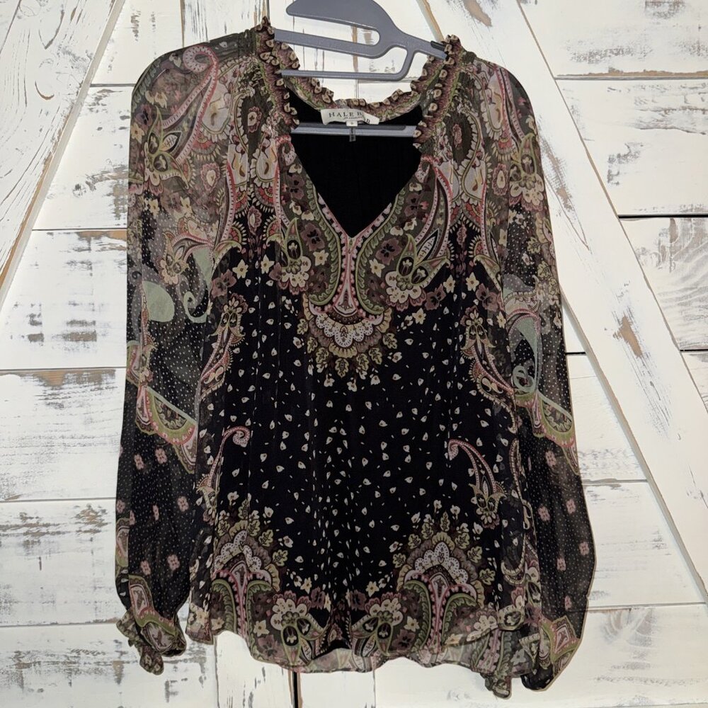 Hale Bob Silk Boho Paisley Print Long Sleeve Blouse Smocked Peasant Top Size S